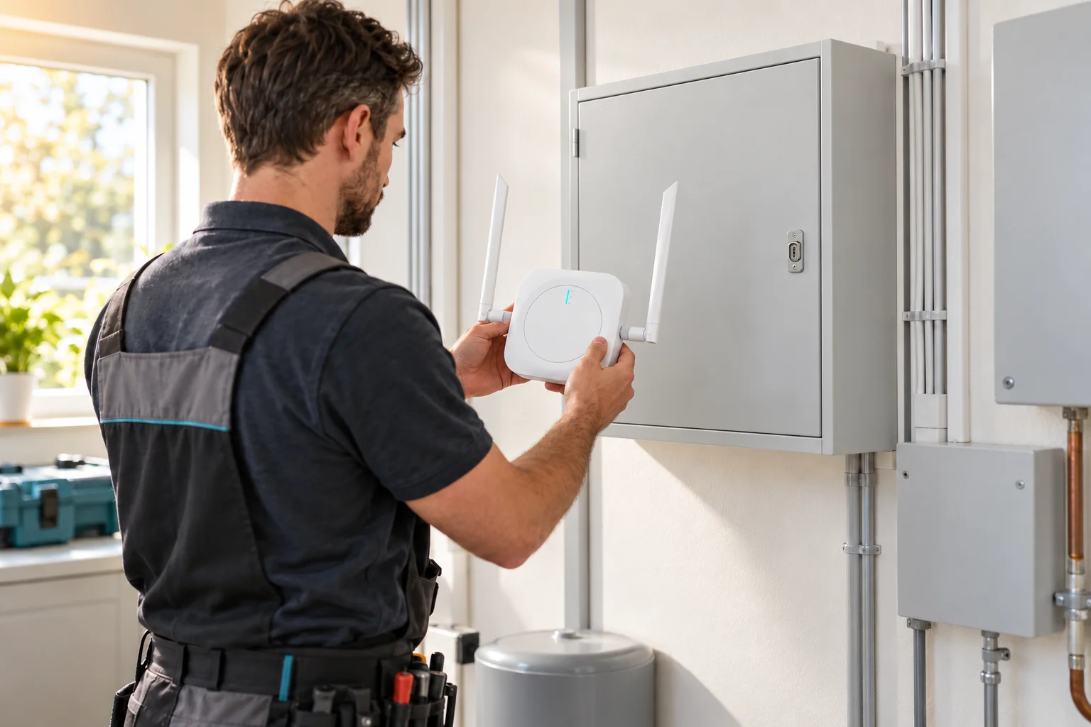 Installer assessing a closed alarm cabinet with an indoor gateway