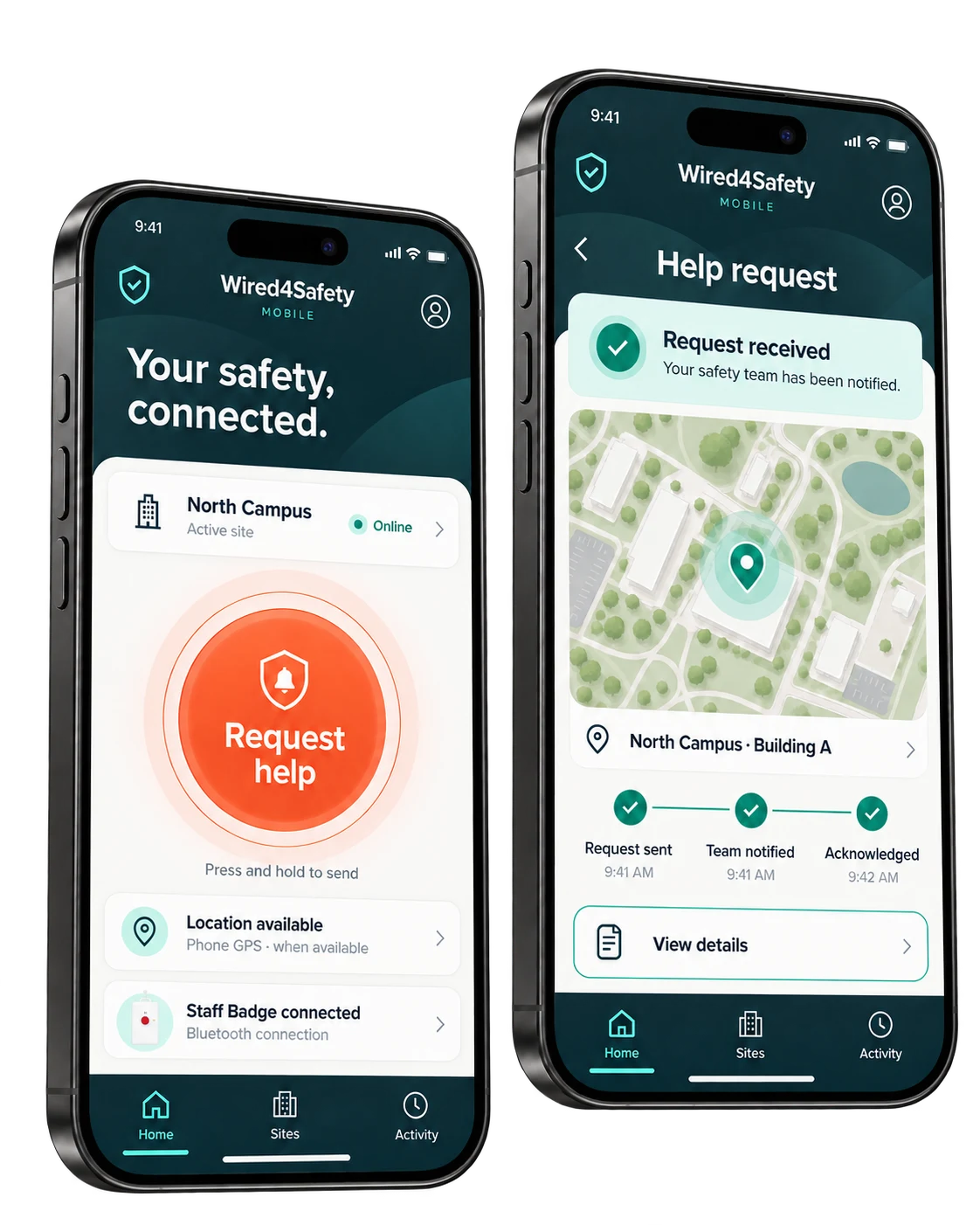 Wired4Safety Mobile request and acknowledgement screens