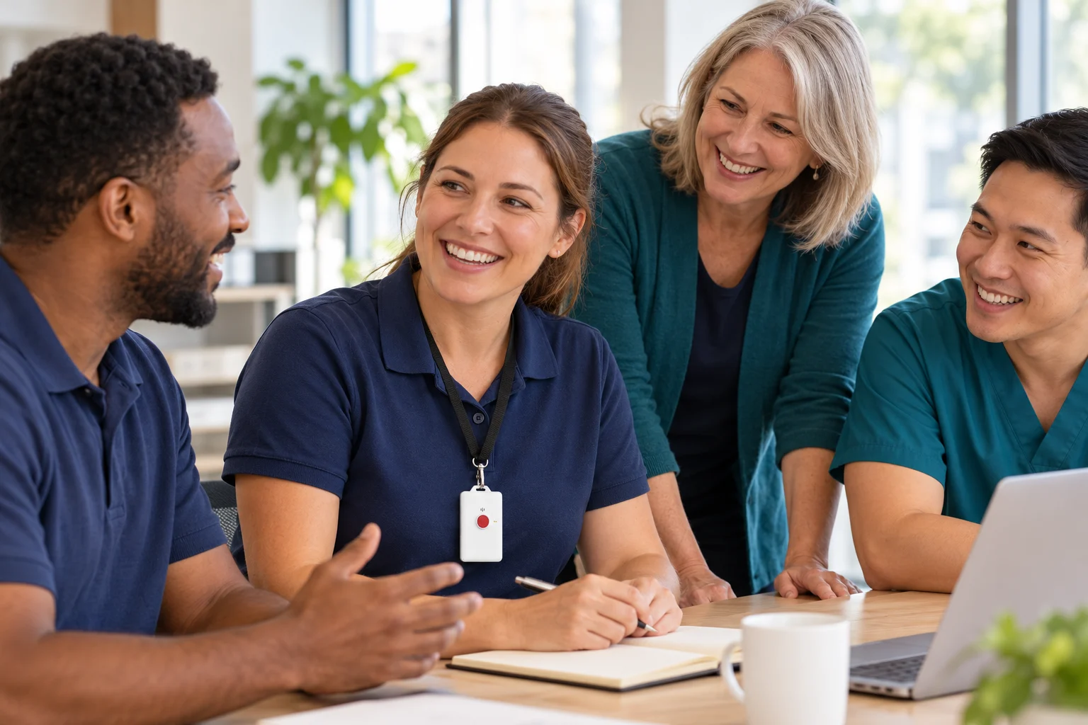 Smiling health and security colleagues working together