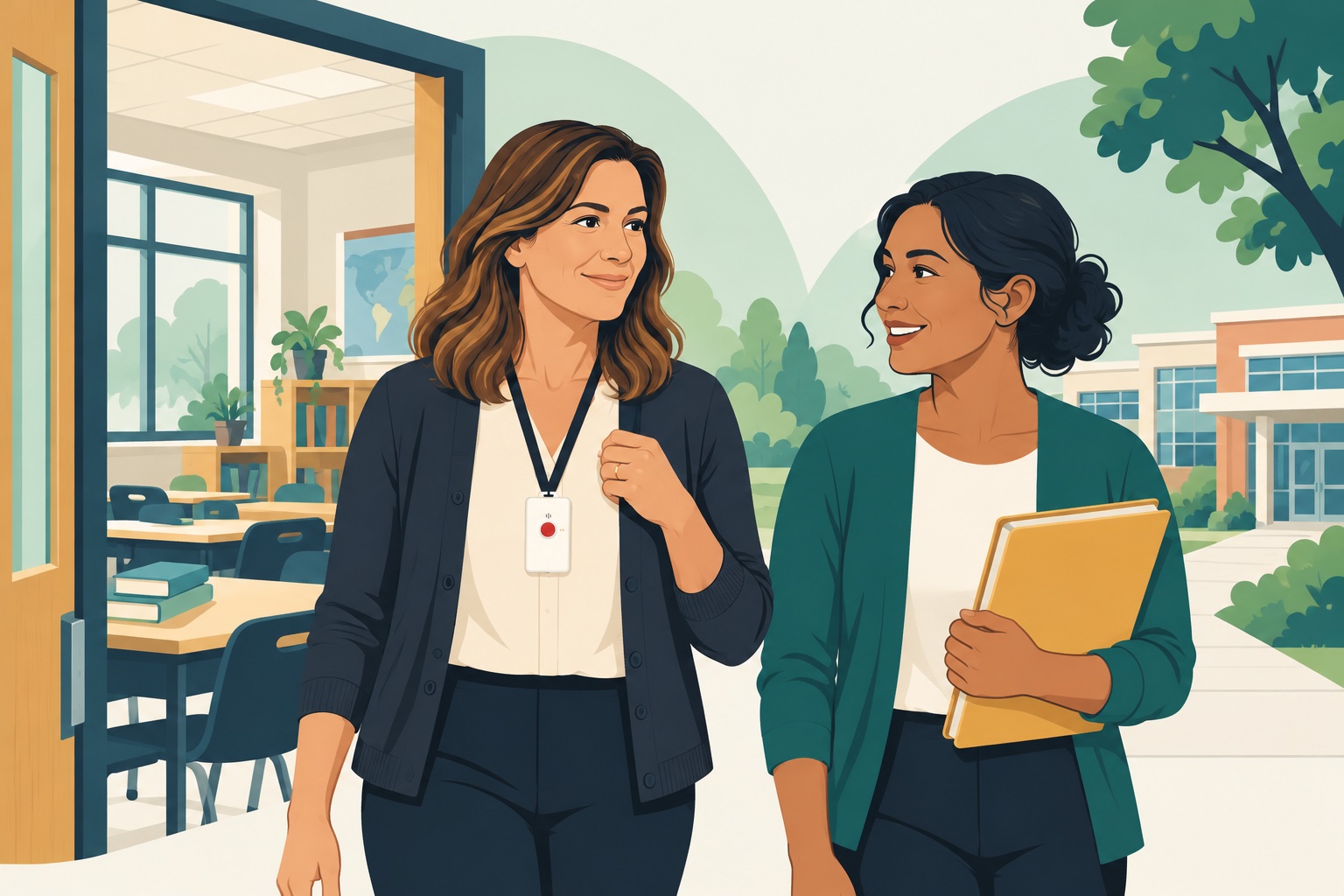 Illustration of teachers beside a classroom and campus walkway