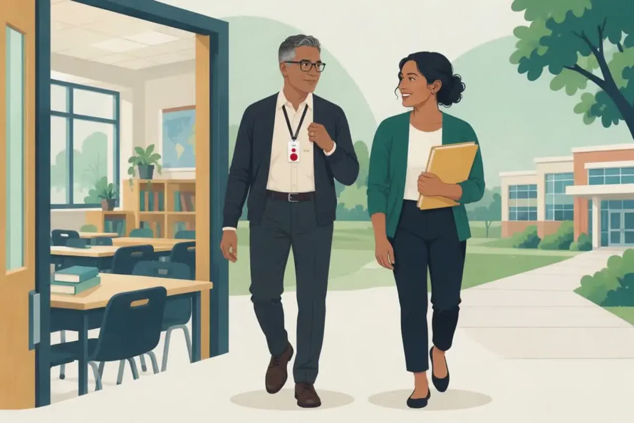 Illustration of teachers beside a classroom and campus walkway