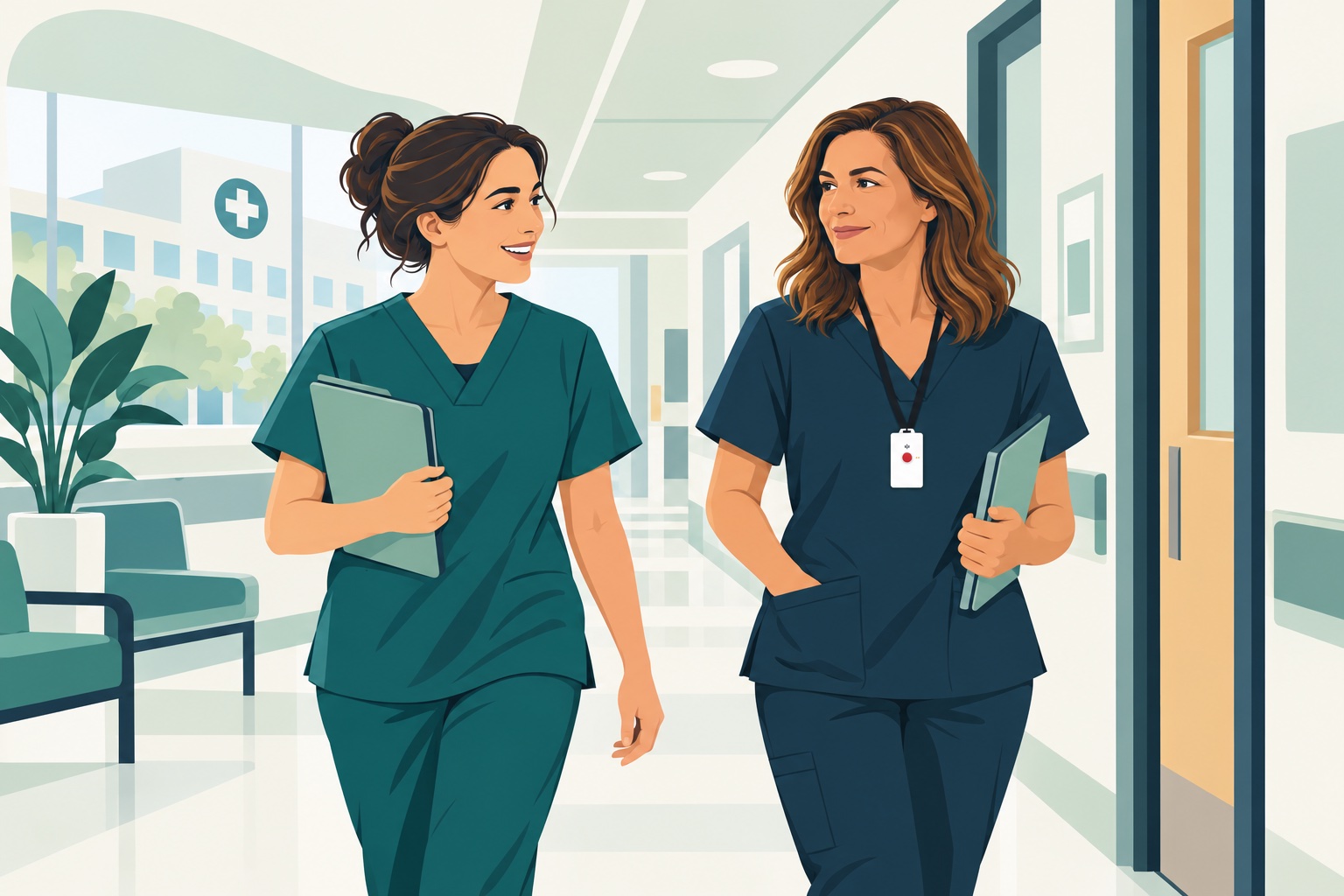 Illustration of two clinical colleagues in a hospital corridor, one wearing a staff alert badge