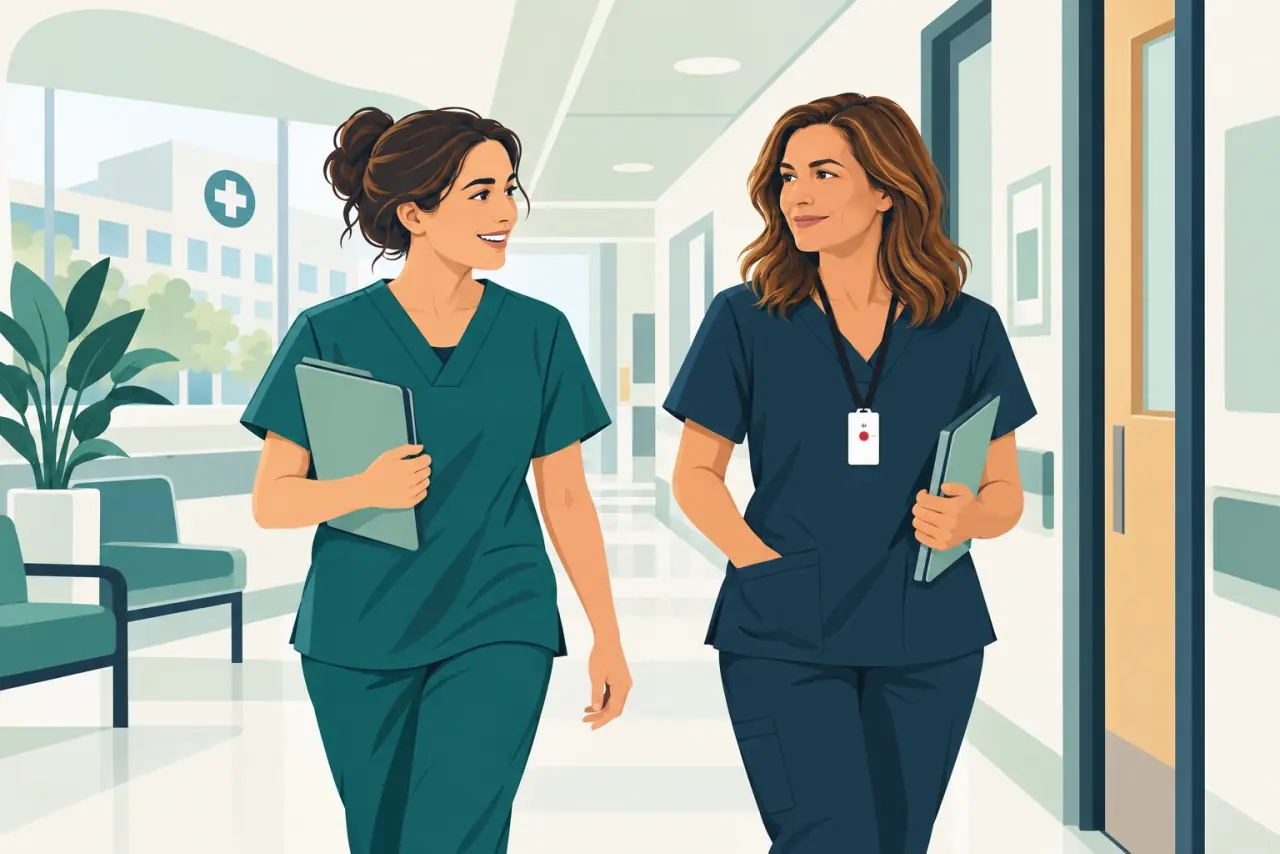 Illustration of two clinical colleagues in a hospital corridor, one wearing a staff alert badge