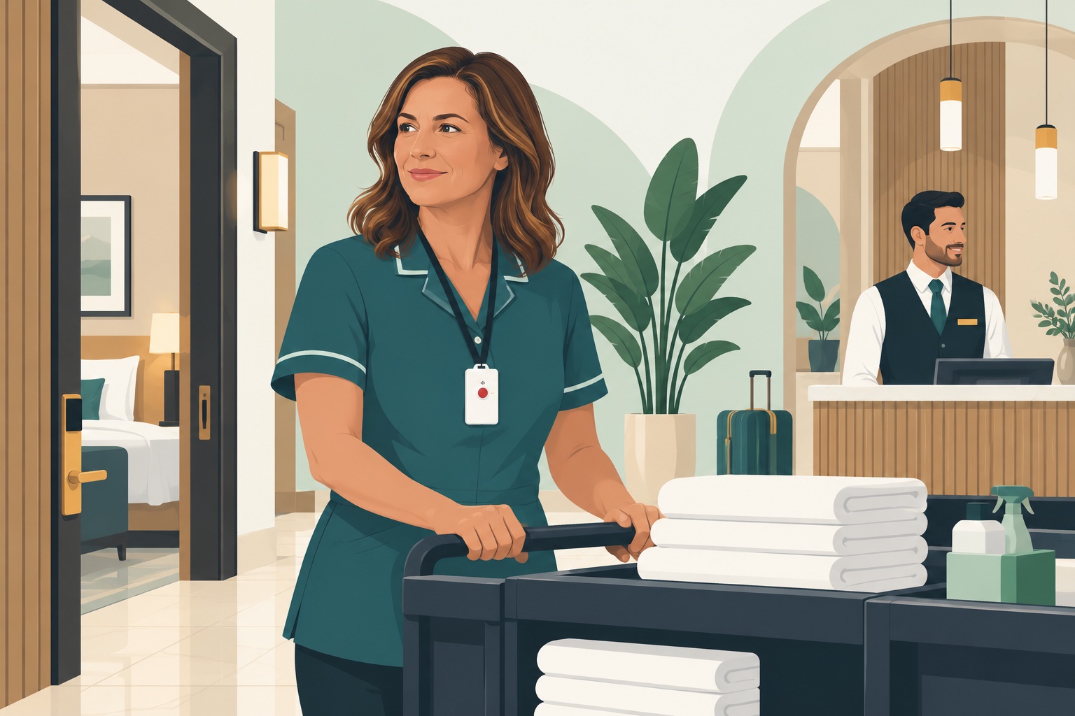 Illustration of a hotel housekeeper with an alert badge and a colleague at reception