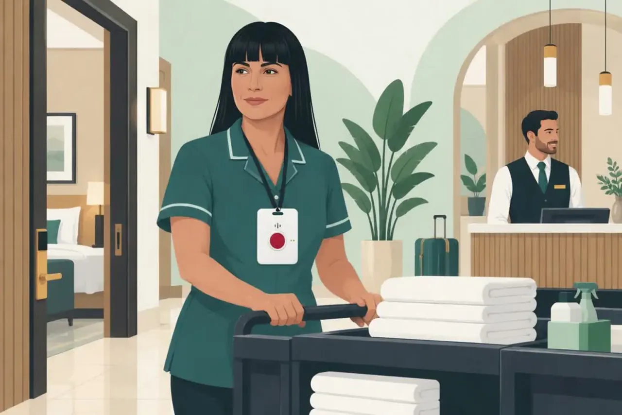 Illustration of a hotel housekeeper with an alert badge and a colleague at reception