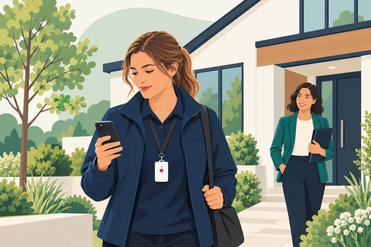 Illustration of an agent with a phone and alert badge outside a property